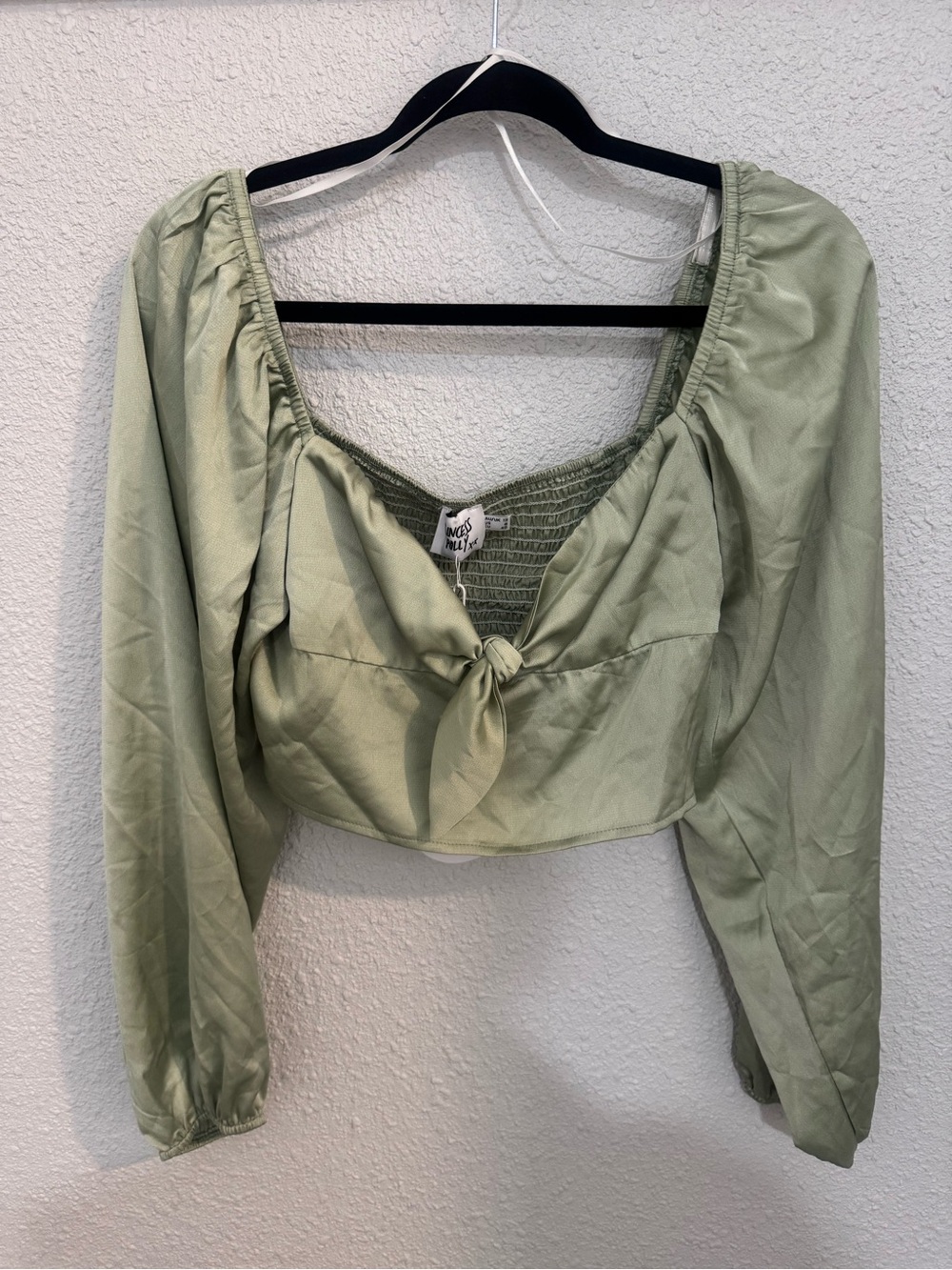 Princess Polly Light Sage Green Tie-Front Long Sleeve Crop Top